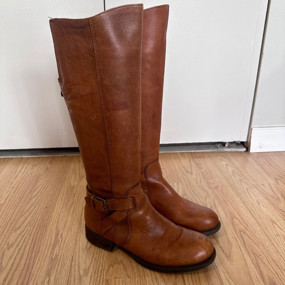 FRANCO SARTO Cognac Brown Leather Knee-High Riding Boots, Sz 6 Fall Moto Chic